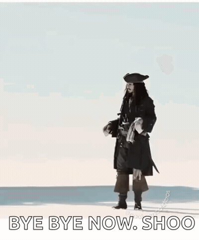 A Man In A Pirate Costume Is Standing On A Beach Holding A Sword And A Gun . GIF