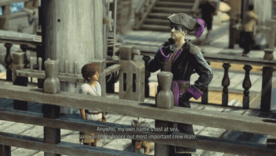 A Man In A Pirate Costume Is Talking To A Little Boy GIF