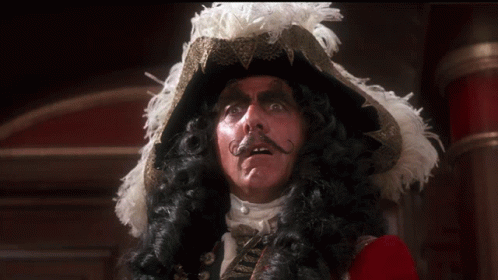 A Man In A Pirate Costume With A Feathered Hat And Mustache GIF