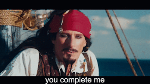 A Man In A Pirate Costume With The Words You Complete Me Below Him GIF