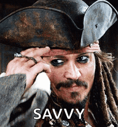 A Man In A Pirate Hat Has The Word Savvy Written On His Face GIF