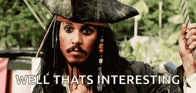 A Man In A Pirate Hat Is Holding A Feather And Saying `` Well That 'S Interesting '' . GIF