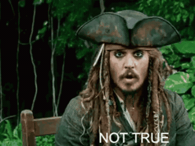 A Man In A Pirate Hat Is Sitting In A Chair With The Words `` Not True '' Written On His Face . GIF