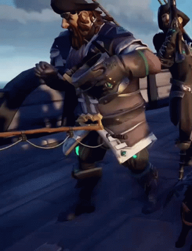 A Man In A Pirate Outfit Is Holding A Sword And A Gun GIF