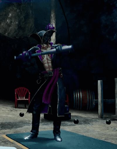A Man In A Pirate Outfit Is Holding A Sword In A Dark Room GIF