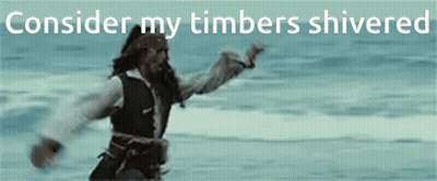 A Man In A Pirate Outfit Is Standing In The Ocean With The Words " Consider My Timbers Shivered " Behind Him GIF