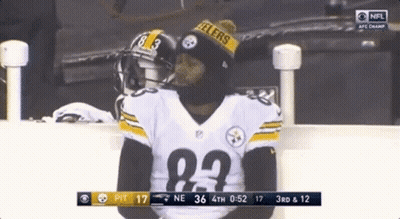 A Man In A Pittsburgh Steelers Jersey Is Sitting In The Stands GIF