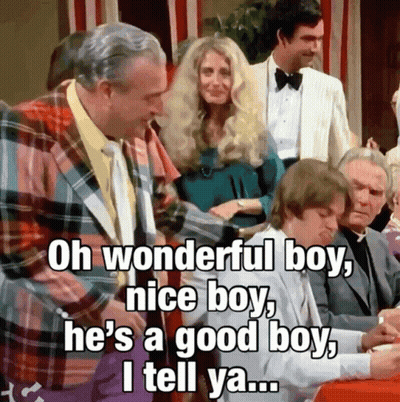 A Man In A Plaid Jacket Says Oh Wonderful Boy Nice Boy He 'S A Good Boy I Tell Ya .. GIF