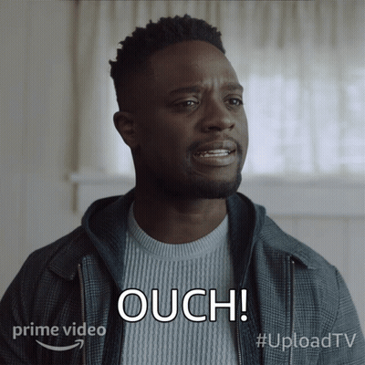 a man in a plaid jacket says ouch in front of a prime video logo
