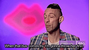 A Man In A Plaid Jacket Says When That Bus Comes By I 'M Gonna Throw Her First . GIF