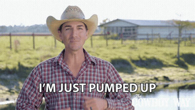 A Man In A Plaid Shirt And Cowboy Hat Says I 'M Just Pumped Up GIF