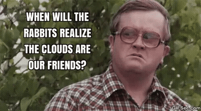 A Man In A Plaid Shirt And Glasses Is Asking When Will The Rabbits Realize The Clouds Are Our Friends ? GIF