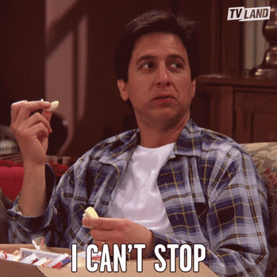 A Man In A Plaid Shirt Is Eating Chips And Says I Can T Stop GIF