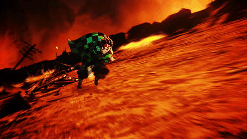 A Man In A Plaid Shirt Is Running Down A Hill Of Fire GIF