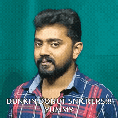 A Man In A Plaid Shirt Is Saying Dunkin Donut Snickers !!! Yummy GIF