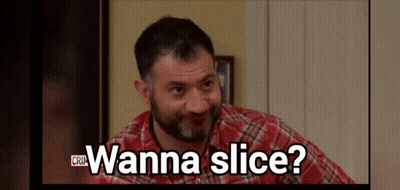 A Man In A Plaid Shirt Is Saying Wanna Slice GIF