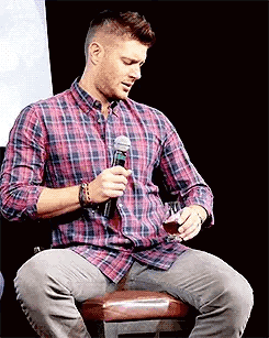 A Man In A Plaid Shirt Is Sitting On A Chair Holding A Microphone And A Glass Of Wine . GIF
