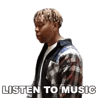 A Man In A Plaid Shirt Is Standing And Says Listen To Music . Sticker