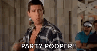 A Man In A Plaid Shirt Is Standing In Front Of A Group Of People And Saying `` Party Pooper '' . GIF