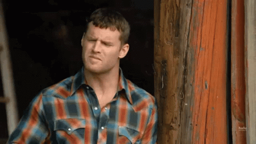 A Man In A Plaid Shirt Is Standing In Front Of A Wooden Building . GIF