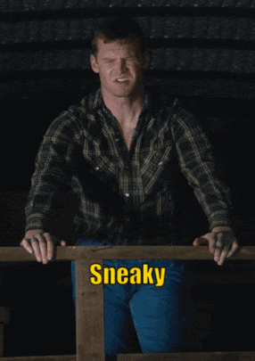 A Man In A Plaid Shirt Leans On A Wooden Railing With The Words Sneaky As The Dickens Written Below Him GIF