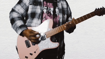 A Man In A Plaid Shirt Playing A Pink Guitar GIF
