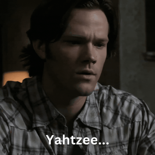 A Man In A Plaid Shirt Says " Yahtzee " In White Letters GIF