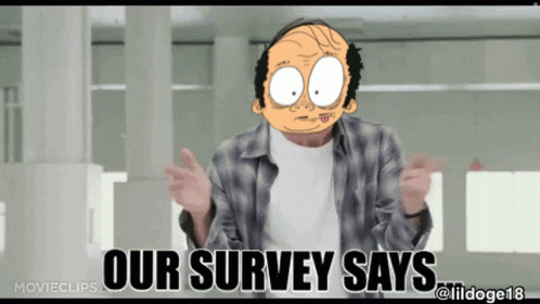 A Man In A Plaid Shirt With A Cartoon Face On His Head Says Our Survey Says GIF