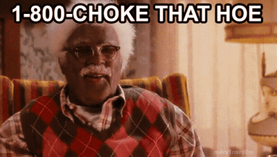 A Man In A Plaid Sweater Is Sitting In A Chair With The Words 1-800-Choke That Hoe Above Him GIF