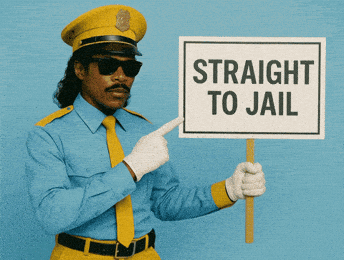 A Man In A Police Uniform Holds A Sign That Says Straight To Jail GIF
