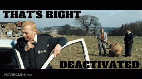 A Man In A Police Uniform Is Standing In A Field With The Words That 'S Right Deactivated GIF