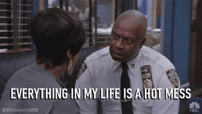 A Man In A Police Uniform Is Talking To A Woman And The Caption Says Everything In My Life Is A Hot Mess GIF