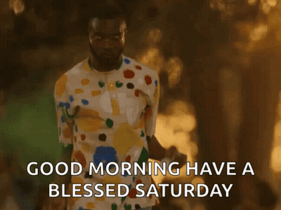 A Man In A Polka Dot Shirt Is Dancing With The Words Good Morning Have A Blessed Saturday Below Him GIF