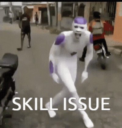 a man in a purple and white costume is walking down a street with the words skill issue written below him