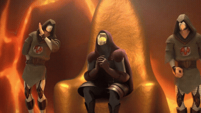 A Man In A Purple Cape Sits On A Gold Throne In Front Of Two Other Men GIF
