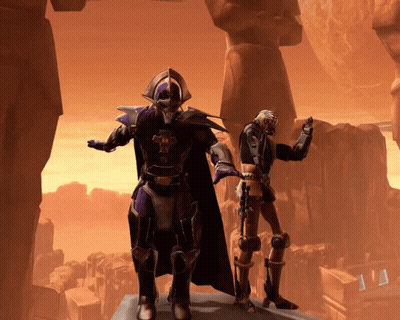 A Man In A Purple Cape Stands Next To Another Man GIF