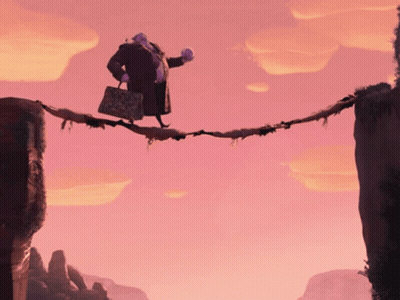 A Man In A Purple Coat Is Walking Across A Bridge GIF