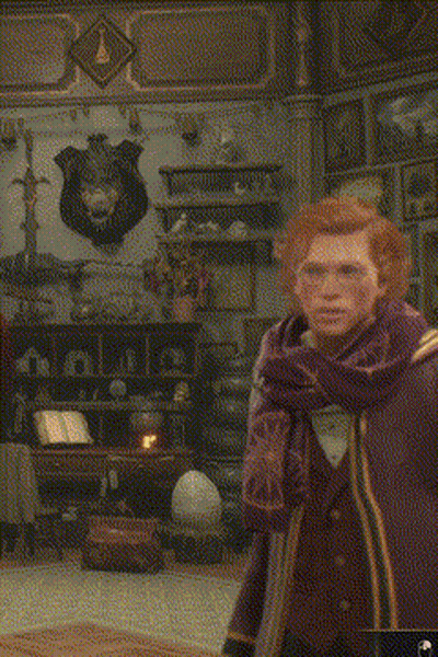 A Man In A Purple Coat Stands In A Room With A Shield On The Wall GIF