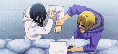 A Man In A Purple Hoodie Is Holding Another Man 'S Elbow GIF