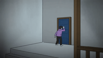 A Man In A Purple Hoodie Is Standing In Front Of A Door GIF