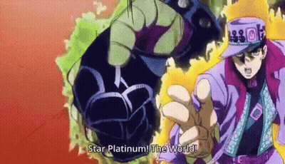 A Man In A Purple Jacket And Hat Is Holding A Yellow Object And Says `` Star Platinum The World '' . GIF
