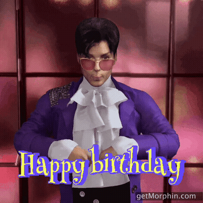 A Man In A Purple Jacket And White Shirt With The Words Happy Birthday Behind Him GIF