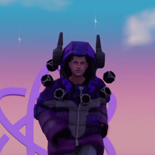 A Man In A Purple Jacket Is Holding A Lightning Bolt In His Hands GIF