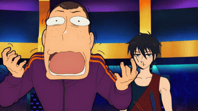 A Man In A Purple Jacket Is Making A Funny Face Next To A Boy In A Red Vest GIF