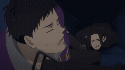 A Man In A Purple Jacket With A Yellow Chevron On It GIF