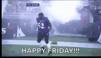 A Man In A Purple Jersey Is Dancing On A Football Field With The Words `` Happy Friday '' . GIF