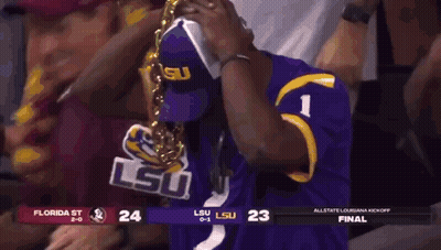 A Man In A Purple Lsu Jersey Is Wearing A Gold Chain Around His Neck .. GIF