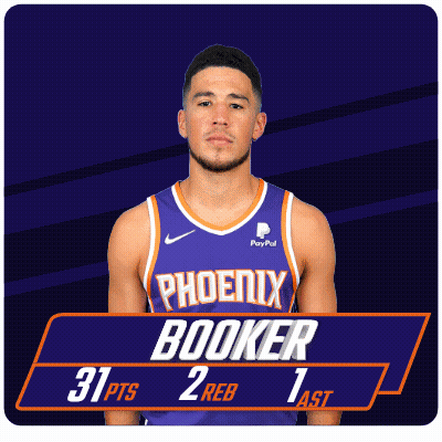 A Man In A Purple Phoenix Booker Jersey Stands In Front Of A Purple Background GIF