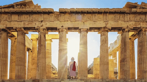 A Man In A Purple Robe Stands In Front Of A Row Of Columns With The Sun Shining Through Them GIF