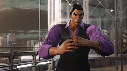 A Man In A Purple Shirt And Vest Is Standing In Front Of A Window . GIF